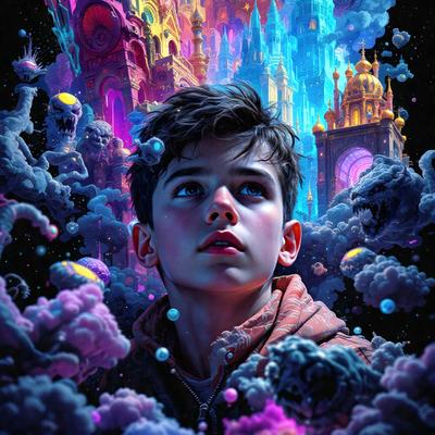 The primary subject of the image is a young boy with brown hair, wearing an orange hoodie. He is looking at the camera with a curious expression. The setting is a colorful, fantastical world with a castle in the background. The visual style is a digital art or illustration, creating a vibrant and imaginative atmosphere. The dominant colors are purple, blue, and orange, which contribute to the overall mood of the scene.